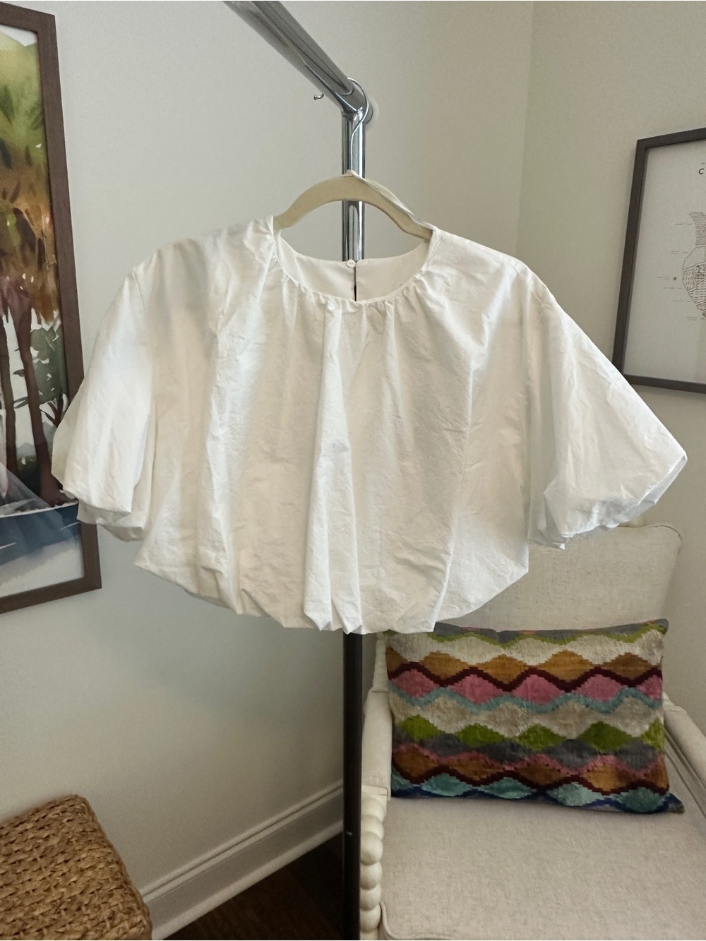 Zara White Short Puff Sleeve Crop Blouse